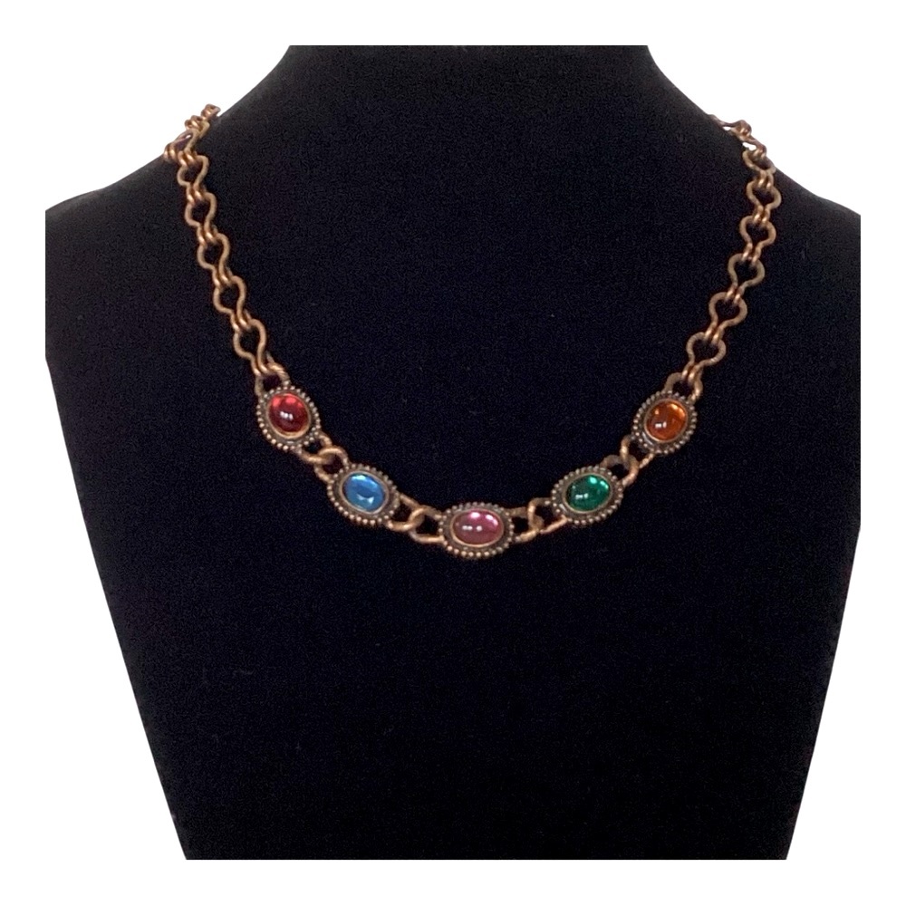 1928 Copper Tone Choker Necklace Multicolor Rhinestones Vintage